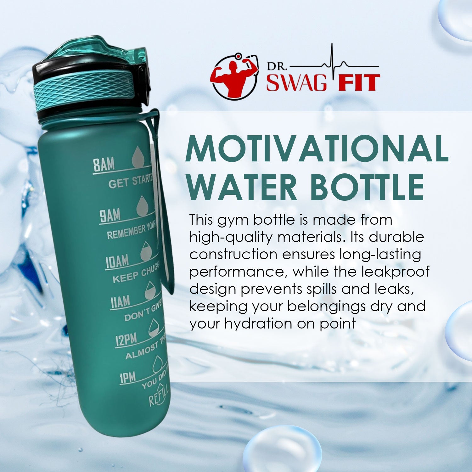 Dr. SwagFit Motivational Water Bottle, Time Marker Water Bottle, Premium Leakproof Design with Straw, Bpa-Free Thick and Durable Buckle Strap Water Bottle, Perfect for Workouts and Hiking