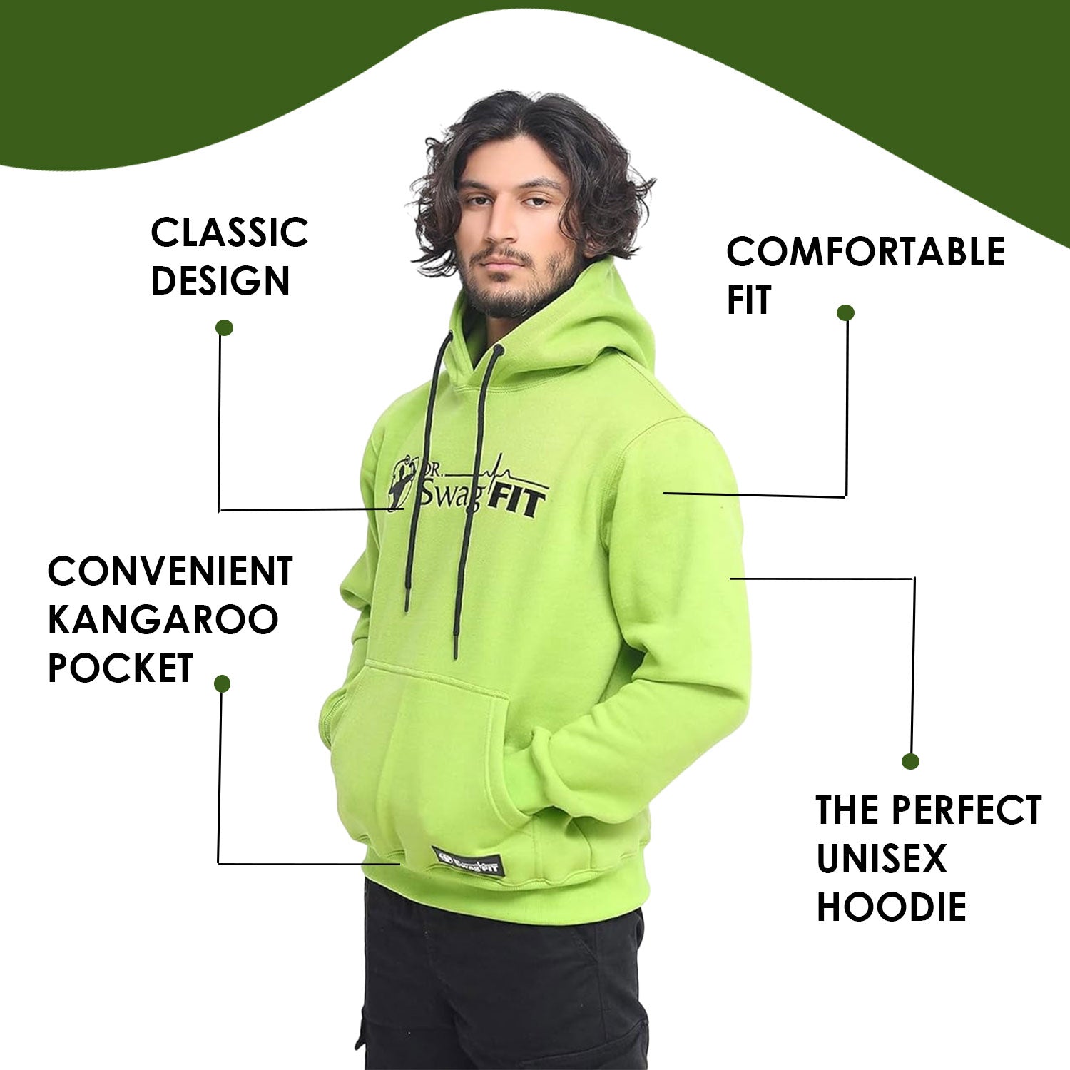 Dr. SwagFit Unisex Adult Classic Green Hoodie, Fleece Hoodie Jacket for Men and Women, Casual, Warm, Hooded Sweatshirt Pullover