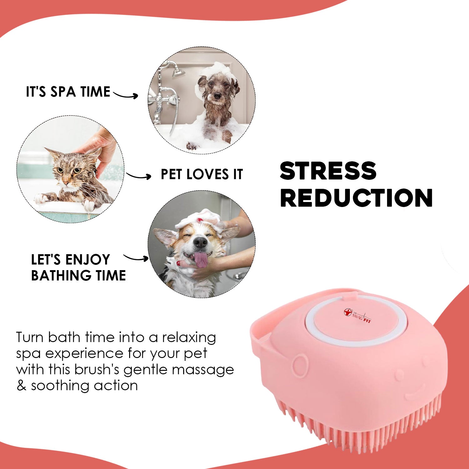 Dr. Swag Fit Pet Massage Brush, Multi-Purpose Grooming Tool for Pet with an Ergonomic Handle and Soft Silicone Circulation-Improving Grooming Tool, Ideal for Shedding Control, Stress Reduction